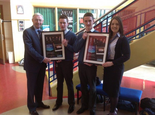 Desmond College TY Students photographed with Bank of Ireland officials at presentation of framed photos and cheque for appearance in RTE's Junior Dragons' Den programme