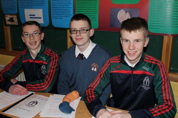 Cillian McMahon,  Conor Riedy & Jack O’Connor, with their Young Scientist Project “A Helping Hand” 