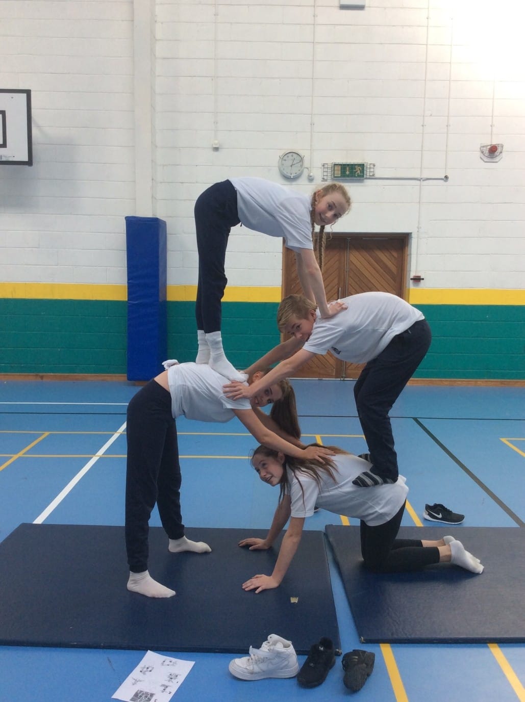 Feb 2016: Breda Quilligan, Dylan O Shea, Micheala Harty and Breda Curtin Completing a gymnastics display as part of their PE programme in Desmond College