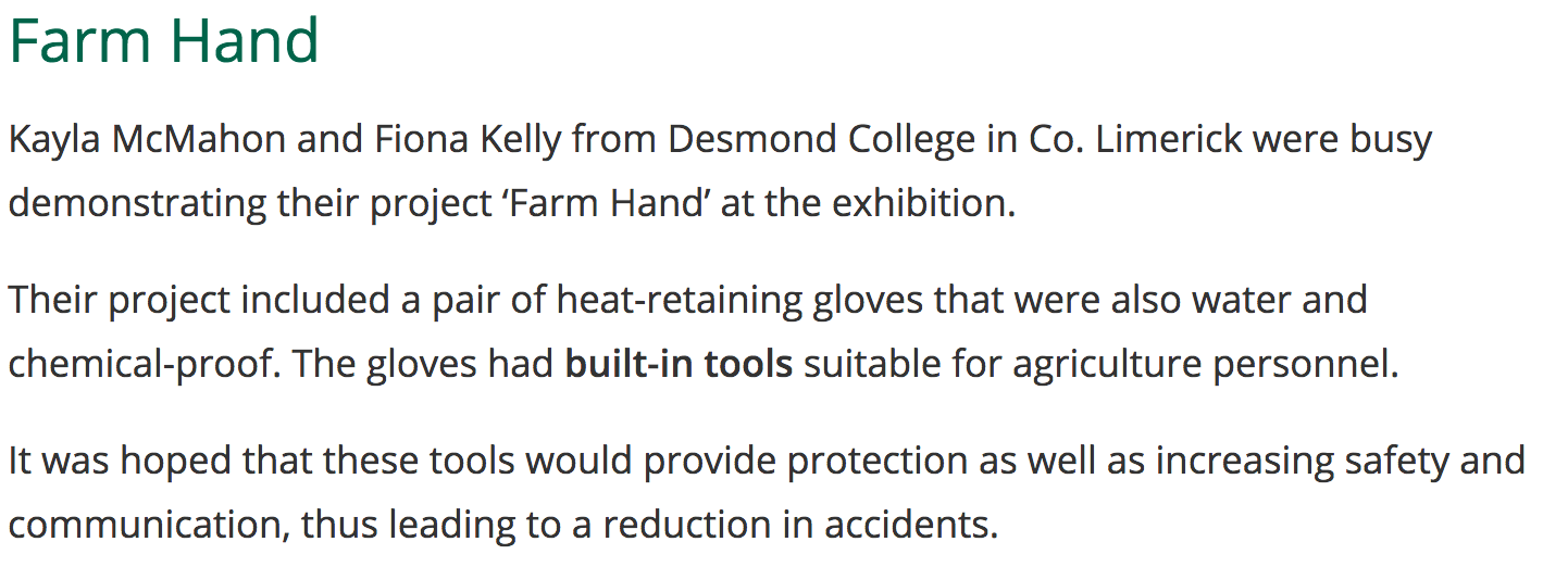 Jan 2018: Desmond College Students with agri-inspired projects (article by AgriLand)