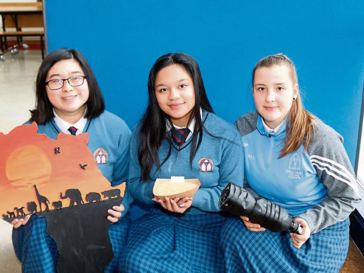 Pictured with their plastic-bottle moth-trap are, from left, Shane Baguio, Joanne Lai and Marcelina Krzywozinska : image from LimerickLeader