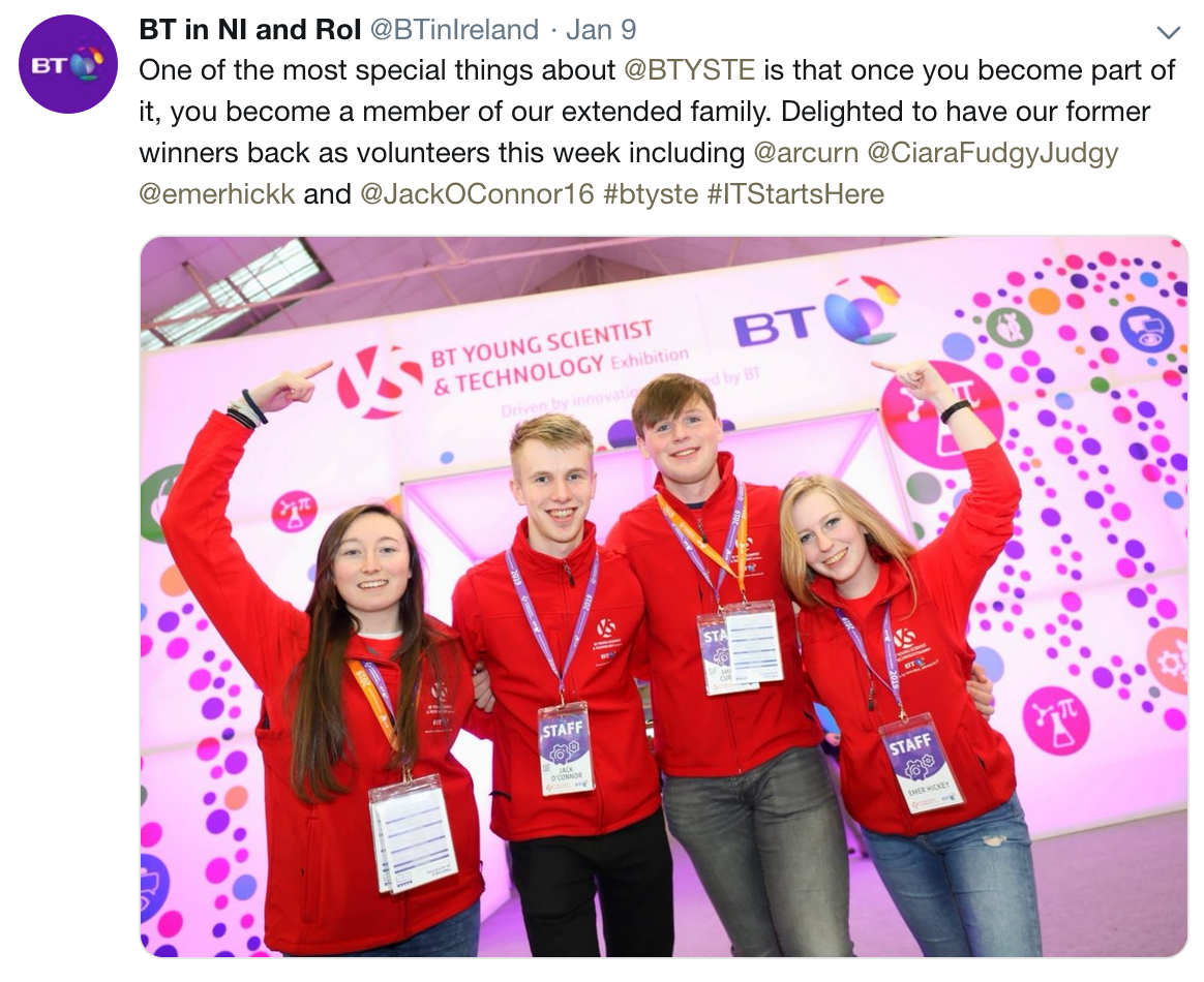 @BTinIreland: Delighted to have our former winners back as volunteers this week... @JackOConnor16 #btyste
